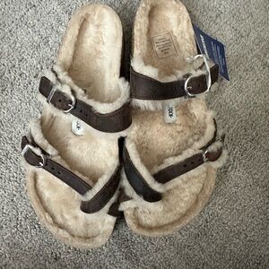Birkenstock Shearling Sandals in Brown and Cream